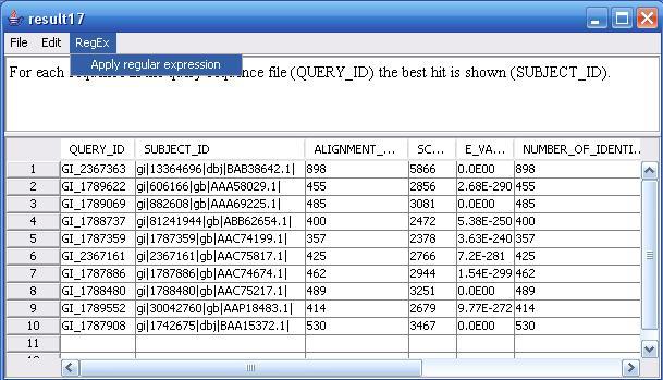 regexshot result data table